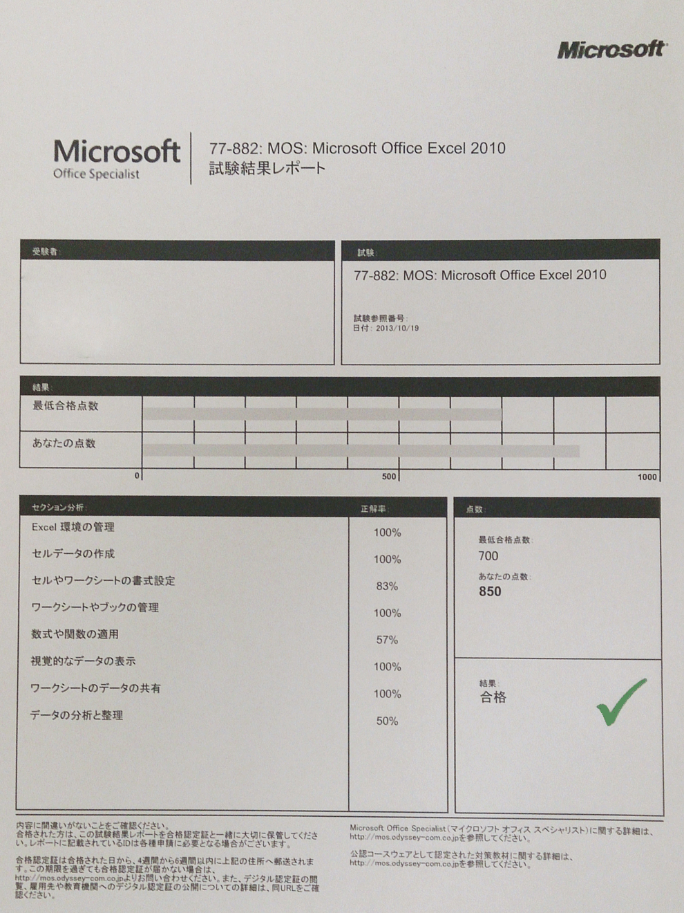 マイクロソフトオフィススペシャリストExcel合格結果レポート